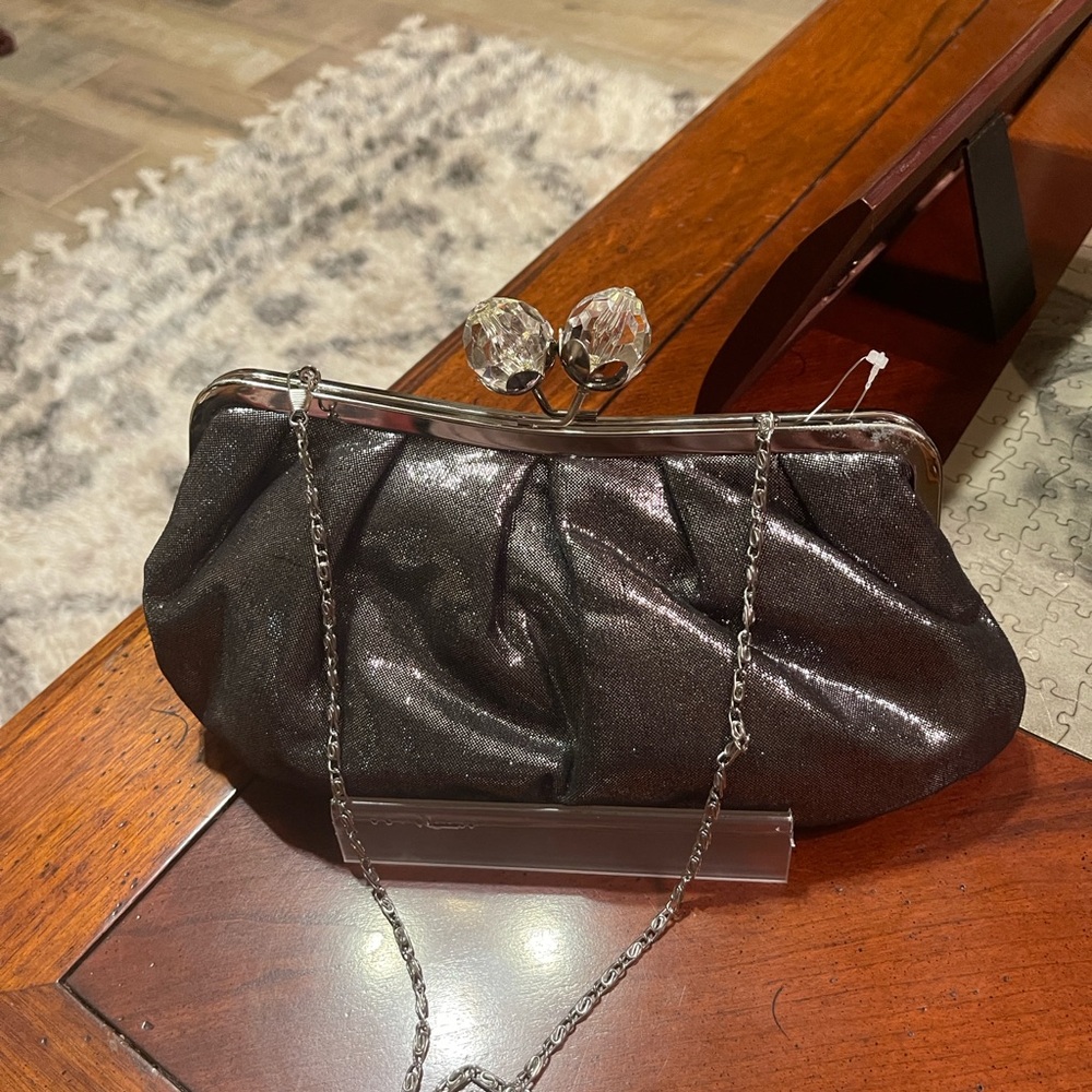 Lulu Townsend Black Glitter Evening Clutch with Crystal Kiss-Lock